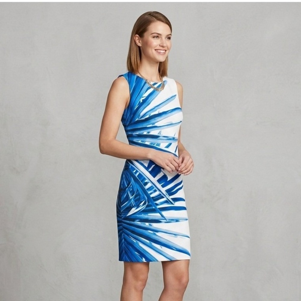 Tommy Hilfiger Palm Leaf Sheath Dress Sz 4 Blue White Tropical‎ Coastal Career